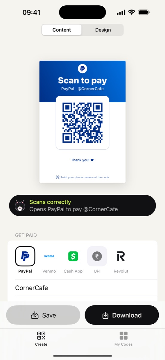 QR Cat editor with a PayPal payment sign
