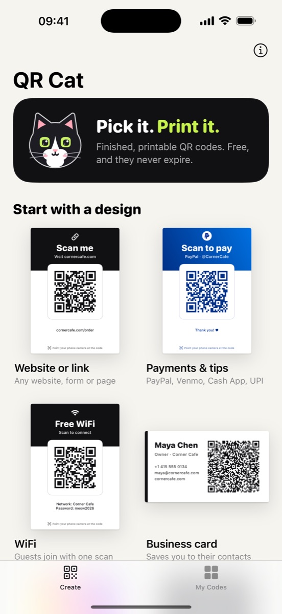 QR Cat home screen showing ready-made designs
